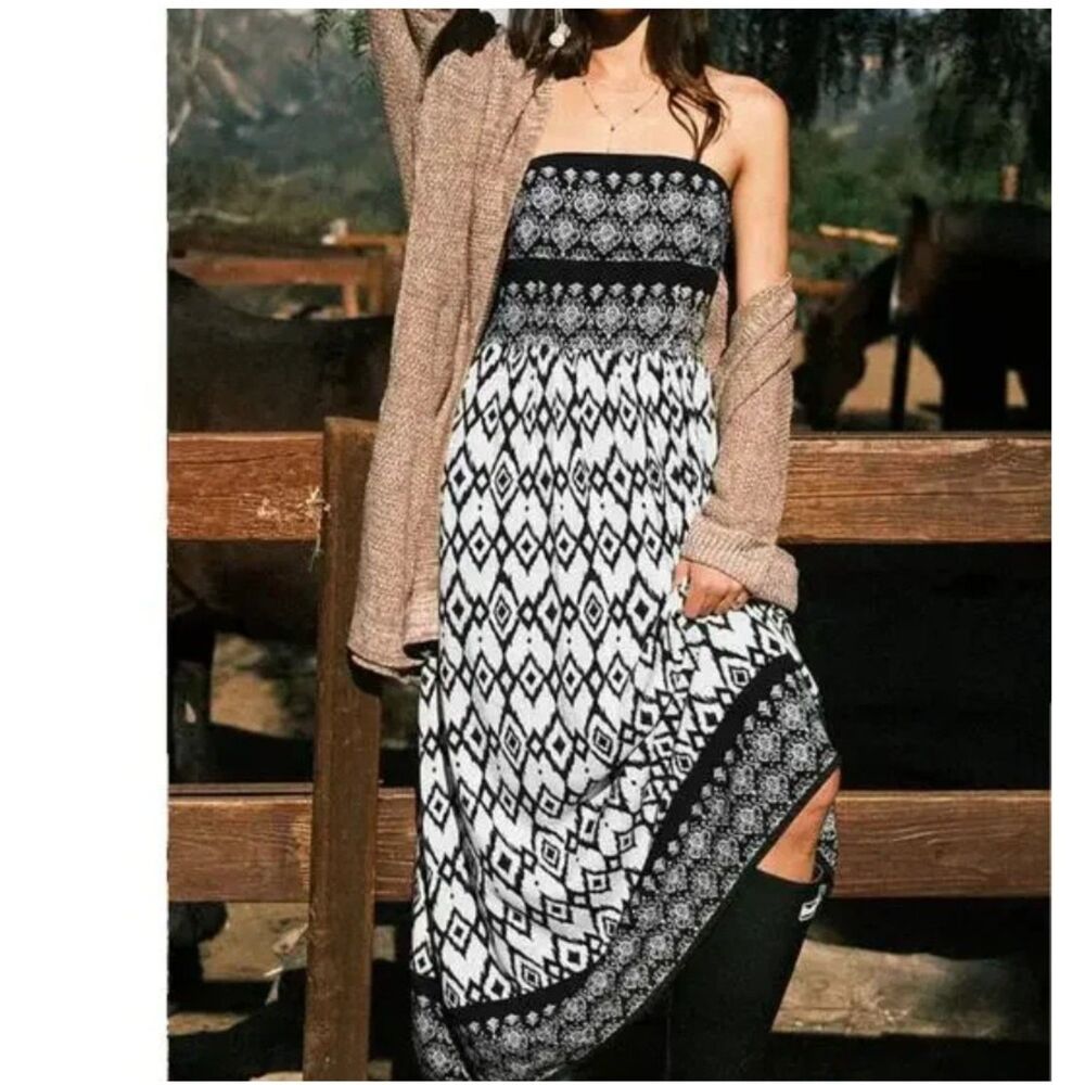 NWT Cupshe Black & White Strapless Maxi Dress Beach Resort Geo - Size Medium